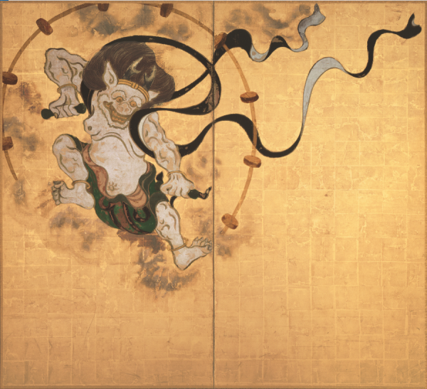 Tawaraya Sōtatsu, Dieux du vent et du tonnerre, XVIIe siècle, paire de paravents à deux panneaux, encre et couleurs sur feuille d’or