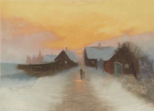 Johannes-Martin Grimelund, Rue de village sous la neige au soleil couchan