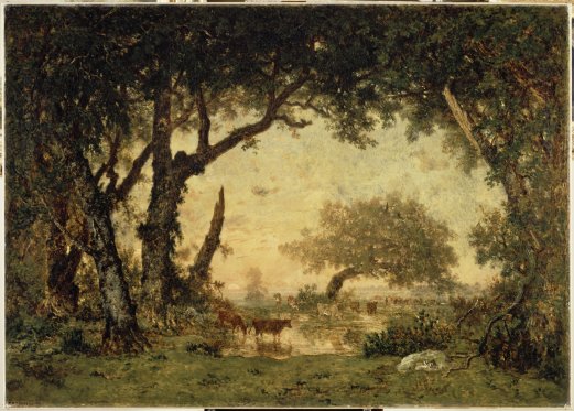 Théodore Rousseau, Sortie de forêt à Fontainebleau, soleil couchant, vers 1850