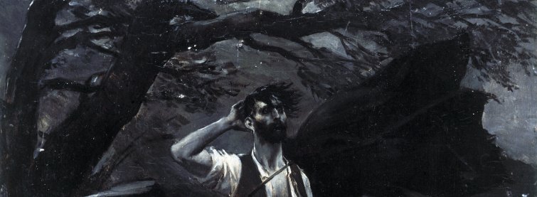 Peinture en noir et blanc d'un homme devant un arbre, laissant pendre un fusil au sol d'une main, l'autre main derrière la tête